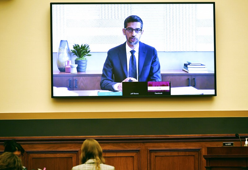 Facebook CEO Mark Zuckerberg testifies remotely during a House Judiciary subcommittee on antitrust on Capitol Hill on Wednesday, July 29, 2020, in Washington. (Mandel Ngan/Pool via AP)