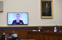 Facebook CEO Mark Zuckerberg testifies remotely during a House Judiciary subcommittee on antitrust on Capitol Hill on Wednesday, July 29, 2020, in Washington. (Mandel Ngan/Pool via AP)