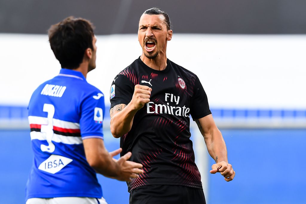 GENOA, ITALY - JULY 29: Zlatan Ibrahimovic of Milan celebrates after scoring a goal during the Serie A match between UC Sampdoria and AC Milan at Stadio Luigi Ferraris on July 29, 2020 in Genoa, Italy. (Photo by Paolo Rattini/Getty Images)