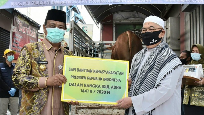 Gubernur Kalsel Sahbirin Noor menyerahkan secara simbolis sapi kurban Jokowi ke panitia Idul Adha Masjid Noor Banjarmasin, Kamis (30/7/2020).