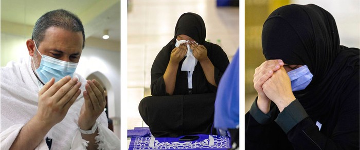 Saudi Hajj Muslim pilgrims pray inside the Namira Mosque in Arafat as they keep social distance to protect themselves against coronavirus during the annual hajj pilgrimage near the holy city of Mecca, Saudi Arabia, Thursday, July 30, 2020. This year's hajj was dramatically scaled down from 2.5 million pilgrims to as few as 1,000 due to the coronavirus pandemic. (AP Photo)