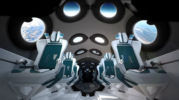 Firma pariwisata antariksa Billionaire Richard Branson, Virgin Galactic memamerkan interior kabin pesawat antariksa yang mewah. Kabin ini dielngkapi dengan kursi mewah dengan aksesoris canggih yang melengkapi bangku kabin pesawat ini. (Virgin Galactic)