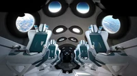 Firma pariwisata antariksa Billionaire Richard Branson, Virgin Galactic memamerkan interior kabin pesawat antariksa yang mewah. Kabin ini dielngkapi dengan kursi mewah dengan aksesoris canggih yang melengkapi bangku kabin pesawat ini. (Virgin Galactic)