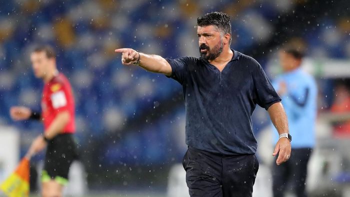 Gennaro Gattuso NAPLES, ITALY - AUGUST 01: Gennaro Gattuso, SSC Napoli coach, gestures during the Serie A match between SSC Napoli and SS Lazio at Stadio San Paolo on August 01, 2020 in Naples, Italy. (Photo by Francesco Pecoraro/Getty Images)