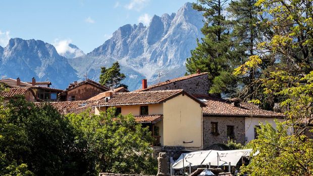 The little town of Potes, Cantabria, Spain. Old town of Potes in Picos de Europa National Park, Spain, Europe