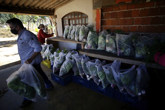 Virus Outbreak Brazil Wearing a mask to curb the spread of the new coronavirus, Valdir Franca Souza receives a handout of produce and basic supplies, in the Sol Nascente community, on the outskirts of Brasilia, Brazil, Sunday, Aug. 2, 2020. Connecting people from the countryside and the city, the group