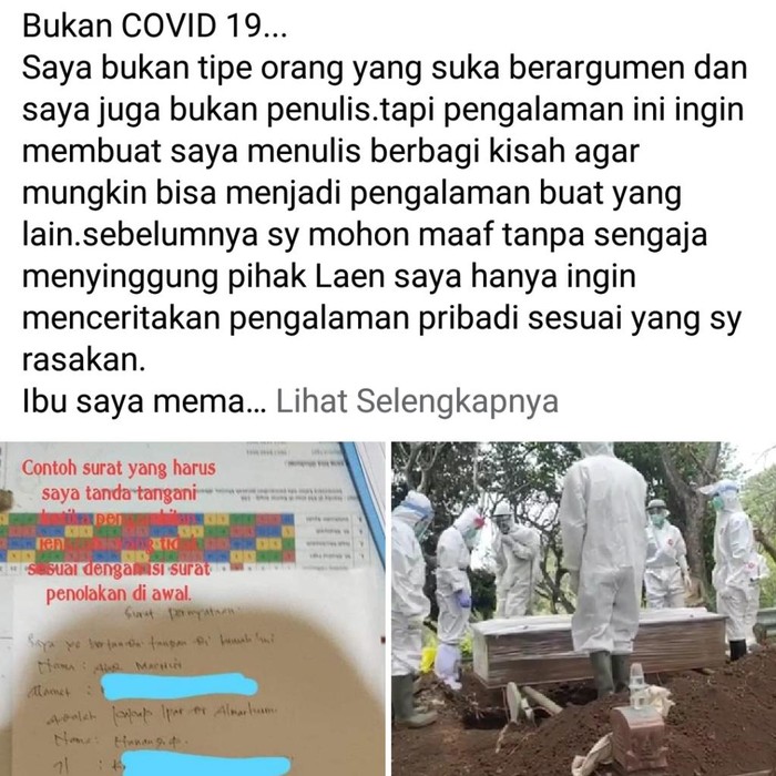 Seorang wanita curhat di Facebook soal ibunya yang meninggal dunia dalam perawatan di RSUD dr R Soedarsono, Kota Pasuruan. Lewat akun Tea Ranich, ia menyebut ibunya yang diabetes dilabeli COVID-19.