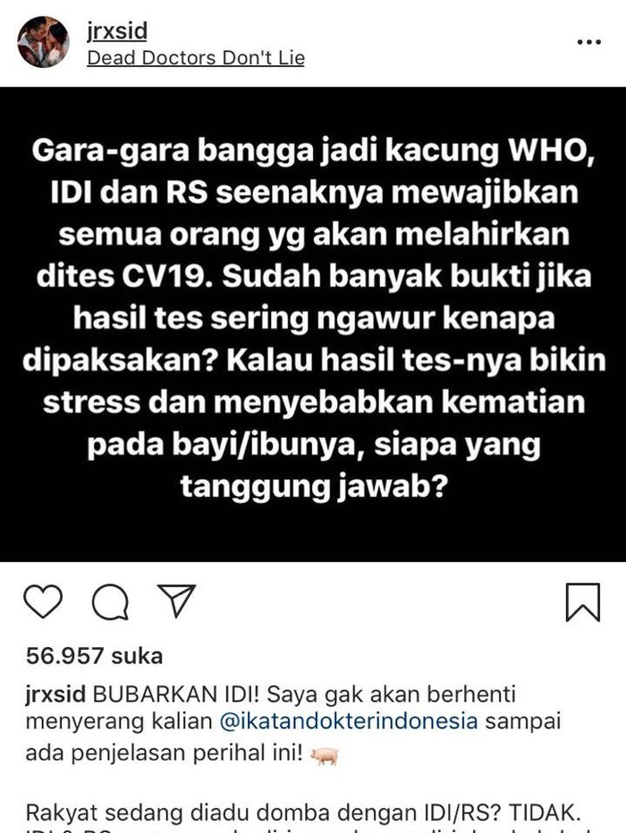 Jerinx Dipolisikan IDI karena Kacung WHO, Pengacara: Pahami Secara Utuh

Angga Riza

Denpasar - 

Ikatan Dokter Indonesia (IDI) Bali melaporkan Jerinx SID dengan tuduhan ujaran kebencian dan pencemaran nama baik terkait postingan IDI kacung WHO. Kuasa hukum Jerinx meminta postingan itu dipahami secara utuh.

