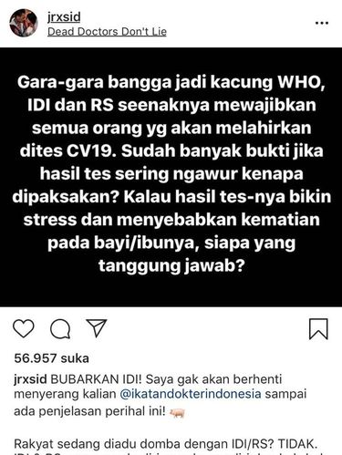 Jerinx Dipolisikan IDI karena 'Kacung WHO', Pengacara: Pahami Secara UtuhAngga RizaDenpasar - Ikatan Dokter Indonesia (IDI) Bali melaporkan Jerinx SID dengan tuduhan ujaran kebencian dan pencemaran nama baik terkait postingan 'IDI kacung WHO'. Kuasa hukum Jerinx meminta postingan itu dipahami secara utuh.