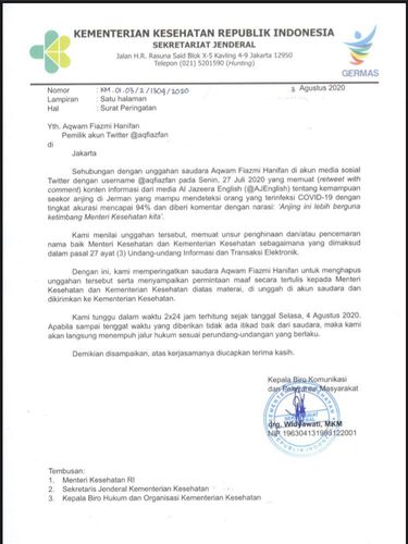 Surat peringatan Kemenkes untuk Aqwam Fiazmi Hanifan (Dok. Twitter Kemenkes) Surat peringatan Kemenkes untuk Aqwam Fiazmi Hanifan (Dok. Twitter Kemenkes)
