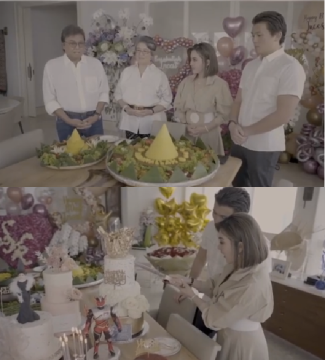 Selain tumpeng, pada hari ulang tahunnya Syahrini juga memotong kue tart tingkat yang potongan pertamanya diberikannya pada Reino Barack. Foto: Dok. Instagram @princessyahrini