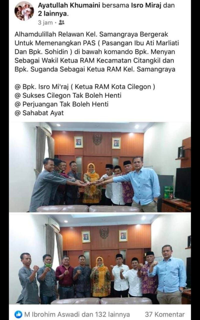 Foto viral Ratu Ati Marliati bersama relawan di kantor dinas Wakil Wali Kota Cilegon