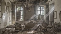 Interior Chateau yang ditinggalkan di Belgia.  