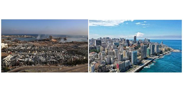 Sebelum dan sesudah ledakan di Libanon. (AP/Hassan Ammar)
