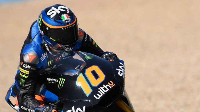 JEREZ DE LA FRONTERA, SPAIN - JULY 18: Luca Marini of Italy and Sky Racing Team VR46  heads down a straight during the MotoGP of Spain - Qualifying at Circuito de Jerez on July 18, 2020 in Jerez de la Frontera, Spain. (Photo by Mirco Lazzari gp/Getty Images)