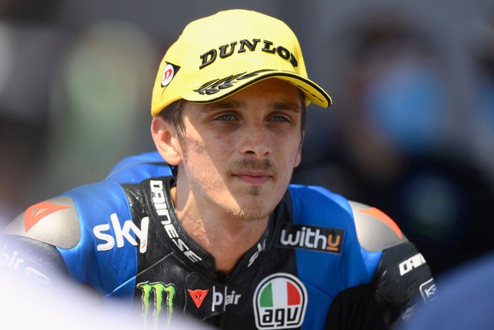 JEREZ DE LA FRONTERA, SPAIN - JULY 19: Luca Marini of Italy and Sky Racing Team VR46 speaks with journalists and celebrates the victory  at the end of the Moto2 race during the MotoGP of Spain - Race at Circuito de Jerez on July 19, 2020 in Jerez de la Frontera, Spain. (Photo by Mirco Lazzari gp/Getty Images)