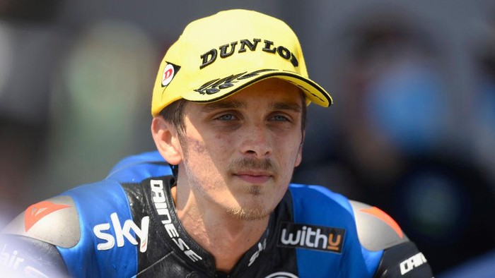 JEREZ DE LA FRONTERA, SPAIN - JULY 19: Luca Marini of Italy and Sky Racing Team VR46 speaks with journalists and celebrates the victory  at the end of the Moto2 race during the MotoGP of Spain - Race at Circuito de Jerez on July 19, 2020 in Jerez de la Frontera, Spain. (Photo by Mirco Lazzari gp/Getty Images)