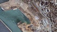 CNN menggunakan perangkat lunak geospasial untuk mengukur citra satelit di lokasi ledakan. Penilaiannya akurat dalam jarak 10 meter. (©2020 Maxar Technologies via AP)