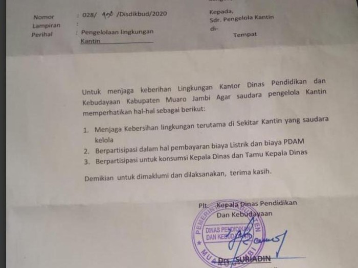 Surat edaran soal Kadisdikbud di Muaro Jambi minta jatah makan yang viral.