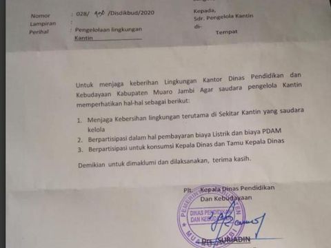 Surat edaran soal Kadisdikbud di Muaro Jambi minta jatah makan yang viral.