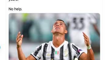 Netizen ini bilang Ronaldo telah mencetak 100% gol buat Juventus di babak knock out Liga Champion pada dua tahun terakhir. Foto: Twitter