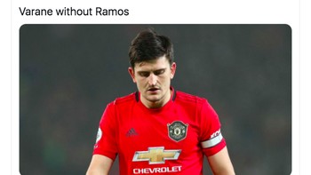 Varane tanpa Sergio Ramos seperti Harry Maguire, sebut netizen ini. Maguire memang kadang bikin blunder walau belakangan penampilannya semakin baik. Foto: Twitter