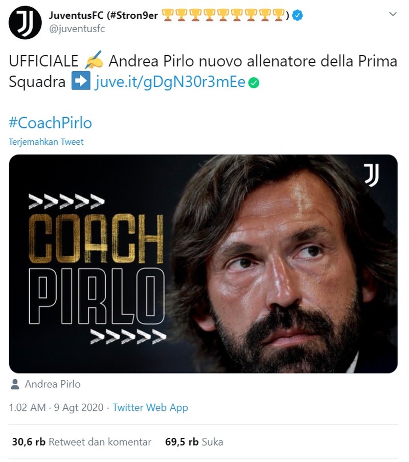 Usai Juventus menunjuk pelatih baru menggantikan Maurizio Sarri, meme Andrea Pirlo langsung bermunculan di media sosial.