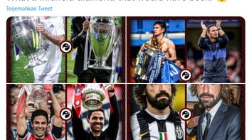 Para mantan pemain tengah yang kini jadi pelatih timnya dulu, ada Zinedine Zidane, Frank Lampar, Mikel Arteta, dan sekarang Andrea Pirlo. Foto: Istimewa