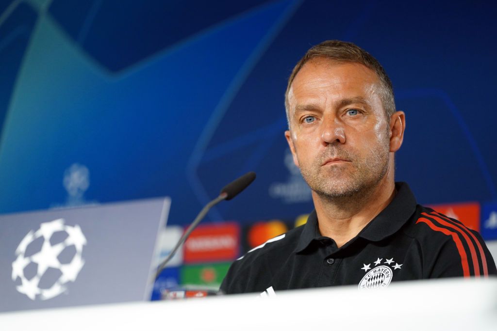 Hans-Dieter Flick MUNICH, GERMANY - AUGUST 07: Hans-Dieter Flick, head coach of Bayern Muenchen, looks on during a press conference ahead of their UEFA Champions League round of 16 second leg match against Chelsea FC at Saebener Strasse training ground on August 07, 2020 in Munich, Germany. (Photo by FC Bayern - Handout/Getty Images)