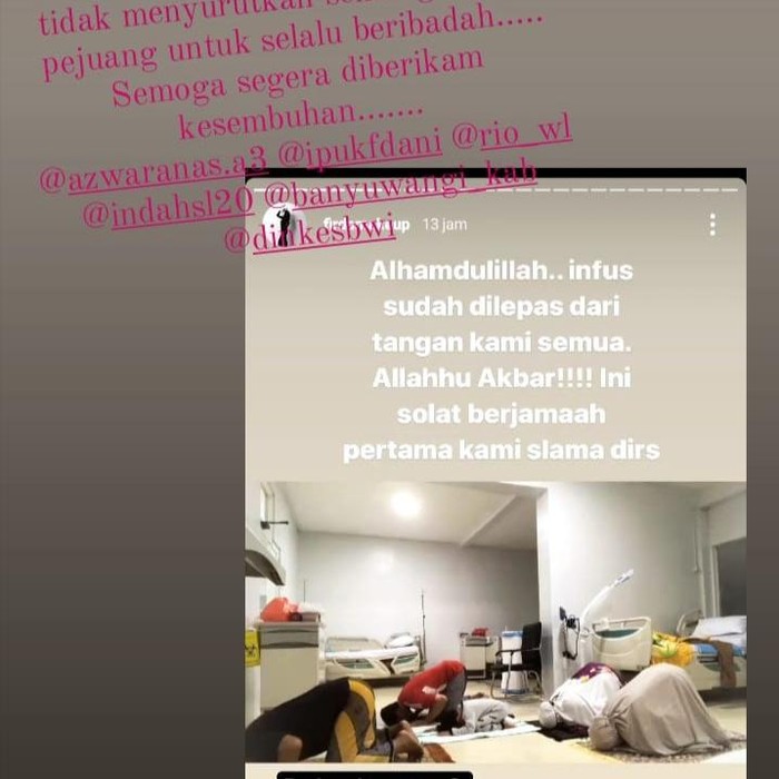 Foto pasien positif COVID-19 salat berjemaah beredar di Banyuwangi. Foto tersebut menyebar setelah diunggah seseorang di Instagram story.