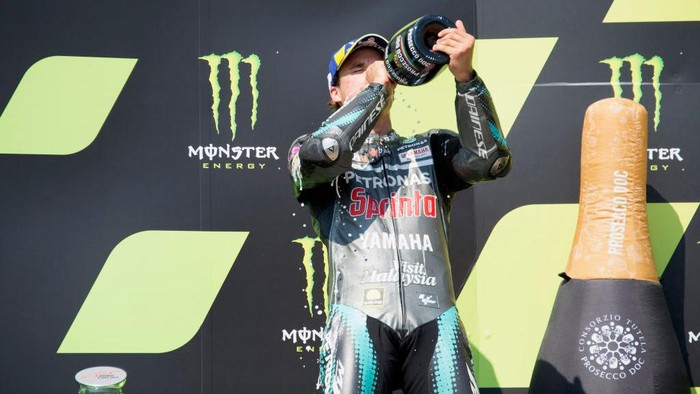 BRNO, CZECH REPUBLIC - AUGUST 09: Franco Morbidelli of Italy and Petronas Yamaha SRT celebrates the second place on the podium at the end of the MotoGP race during the MotoGP Of Czech Republic at Brno Circuit on August 09, 2020 in Brno, Czech Republic. (Photo by Mirco Lazzari gp/Getty Images)