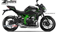 Untuk desain pertama Z25R mengadopsi desain Kawasaki ZH2 yang merupakan versi naked Kawasaki H2/H2R. Bagian shroud dibuat seperti shroud ZH2 yang menyatu dengan cover tengah. Selanjutnya frame diberi warna hijau agar terlihat lebih jelas bentuk rangkanya, sehingga kesan motor streetfighter bisa lebih terlihat. Tersedia juga engine cover dan visor kecil di atas headlight. Foto: Julak Sendie Design