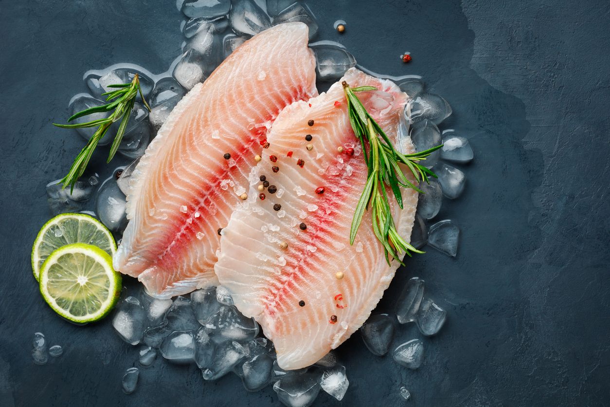 Fresh fish fillet of sea bass in ice on a dark slate background. Top view.