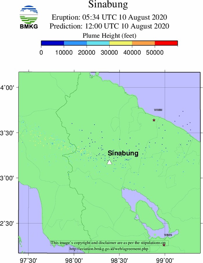 Simulasi sebaran abu vulkanik Gunung Sinabung (dok. BMKG)