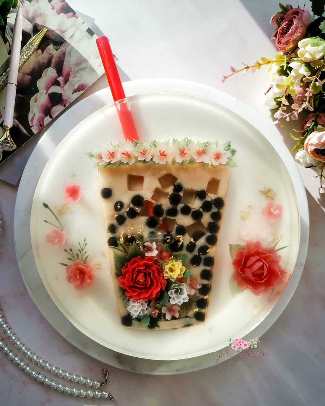 Kue jelly isi milk tea plus boba