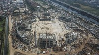 Foto udara proyek pembangunan Jakarta International Stadium (JIS) atau stadion BMW, di Jakarta Utara, Selasa (11/8/2020).