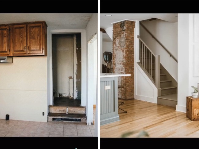 Area tangga untuk ke lantai dua yang sebelumnya gelap diubah Christine dengan menambahkan tembok dari bata merah yang tidak dicat. Tampak dari video yang diunggah ke TikTok _forthehome, renovasi area tangga ini belum selesai. Foto: TikTok _forthehome