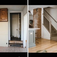 Area tangga untuk ke lantai dua yang sebelumnya gelap diubah Christine dengan menambahkan tembok dari bata merah yang tidak dicat. Tampak dari video yang diunggah ke TikTok _forthehome, renovasi area tangga ini belum selesai. Foto: TikTok _forthehome