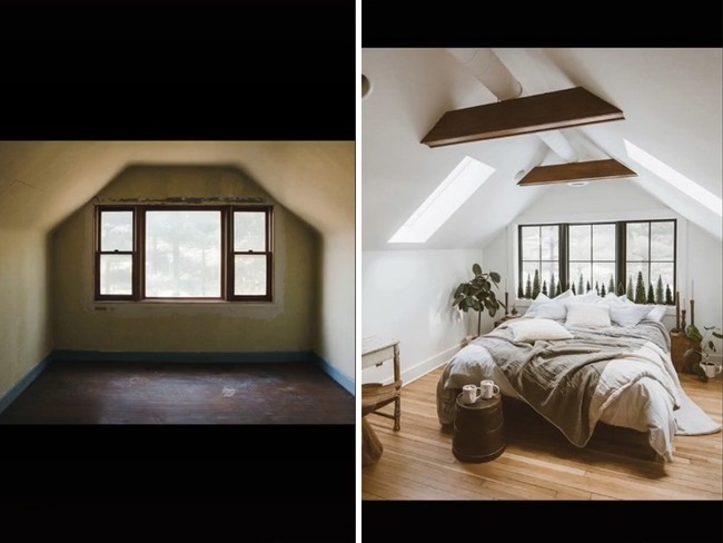 Dan inilah before after ruangan tidur. Setelah direnovasi, kamar tidur menjadi lebih luas dengan bagian langit-langitnya menjadi lebih tinggi. Foto: TikTok _forthehome