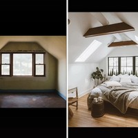 Dan inilah before after ruangan tidur. Setelah direnovasi, kamar tidur menjadi lebih luas dengan bagian langit-langitnya menjadi lebih tinggi. Foto: TikTok _forthehome