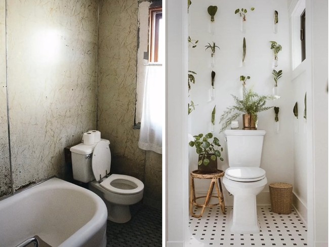 Kamar mandi menjadi bagian rumah yang paling menakjubkan perbedaannya setelah direnovasi. Dari yang tadinya sudah tampak kotor dan temboknya retak, kini jadi begitu indah seperti di foto ini dengan hiasan tanaman hijau di dindingnya. Foto: TikTok _forthehome
