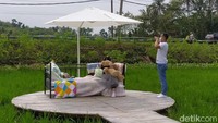 Wisata ini menyediakan spot berfoto dengan latar belakang persawahan.  