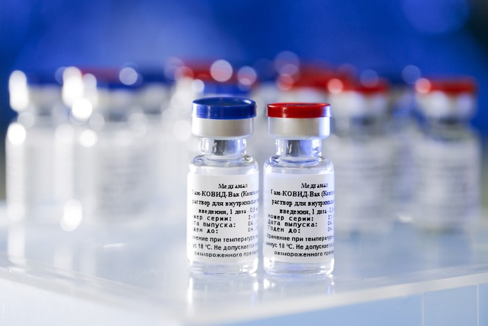 In this handout photo taken on Thursday, Aug. 6, 2020, and provided by Russian Direct Investment Fund, a new vaccine is on display at the Nikolai Gamaleya National Center of Epidemiology and Microbiology in Moscow, Russia. Russia on Tuesday, Aug. 11 became the first country to approve a coronavirus vaccine for use in tens of thousands of its citizens despite international skepticism about injections that have not completed clinical trials and were studied in only dozens of people for less than two months. (Alexander Zemlianichenko Jr/ Russian Direct Investment Fund via AP)