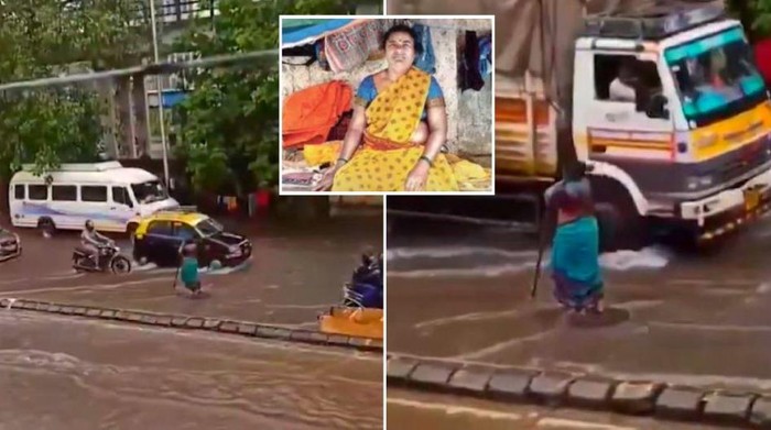 Wanita berdiri di depan lubang got