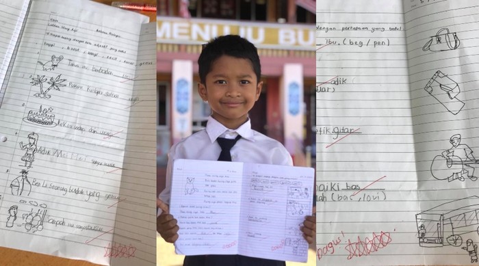 Adly Razali Siswa kelas 1 SD yang menulis dan menggambar materi sekolahnya sendiri karena tidak memiliki printer.