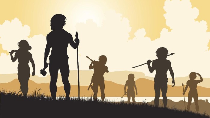 Editable vector silhouettes of cavemen hunters on patrol