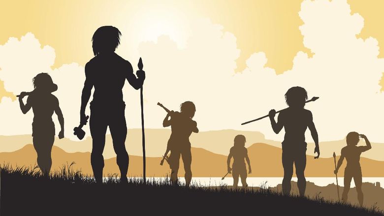 Ilustrasi Manusia Purba Editable vector silhouettes of cavemen hunters on patrol