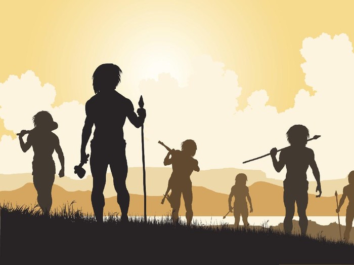 Editable vector silhouettes of cavemen hunters on patrol