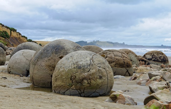 Round Moeraki Boulders at sunset, Koekohe beach, Otago, South Island, New Zealand.