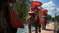 Turis Thailand memakai masker saat menunggangi gajah di Istana Gajah Ayutthaya dan Royal Kraal di Ayutthaya, Thailand.
